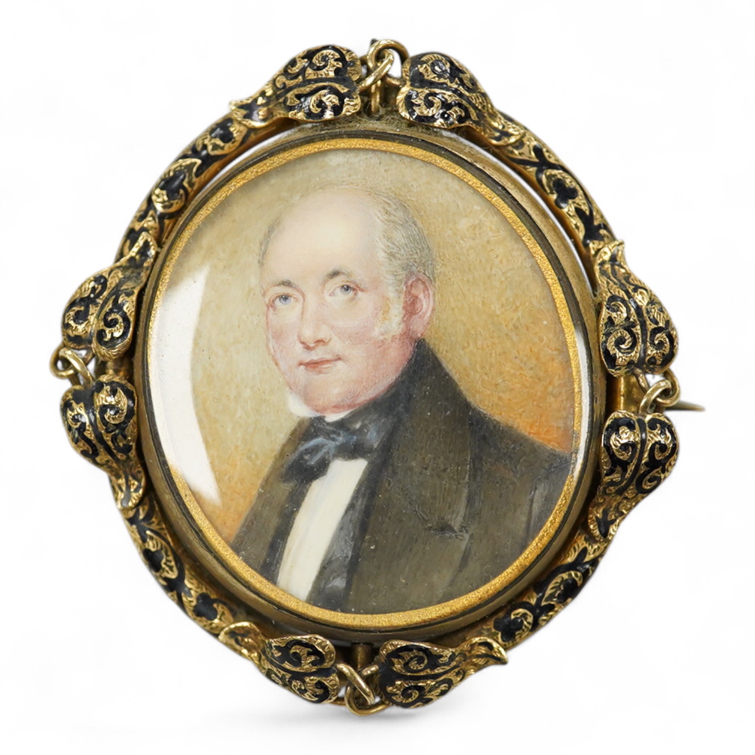 19th century, English School, mourning portrait miniature for James Lord, OBT 3rd Feb. 1860, A.78, housed in a yellow metal (tests as gold) and enamelled pendant brooch frame with hair-work and seed pearl panel verso, wa